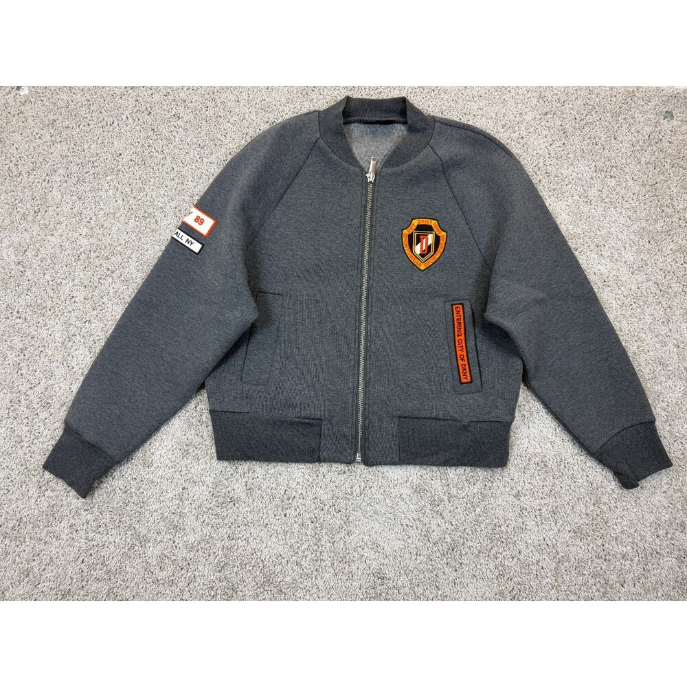 DKNY Womens Large Gray Bomber Jacket Embroidered Patches Varsity Zip Streetwear